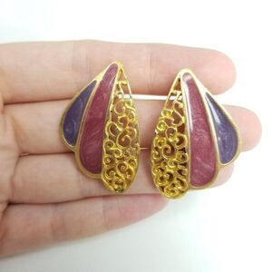 Vintage Newpro Purple and Gold Tone Enamel Wing Shaped Stud Earrings, Retro 80s